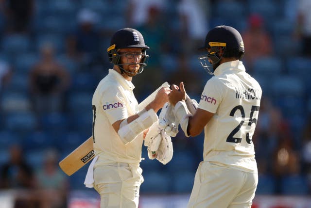 <p>Jack Leach and Saqib Mahmood produced an unlikely final-wicket stand to salvage England’s day  </p>