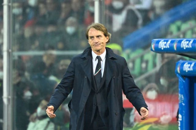 <p>Roberto Mancini reacts during Italy’s defeat</p>