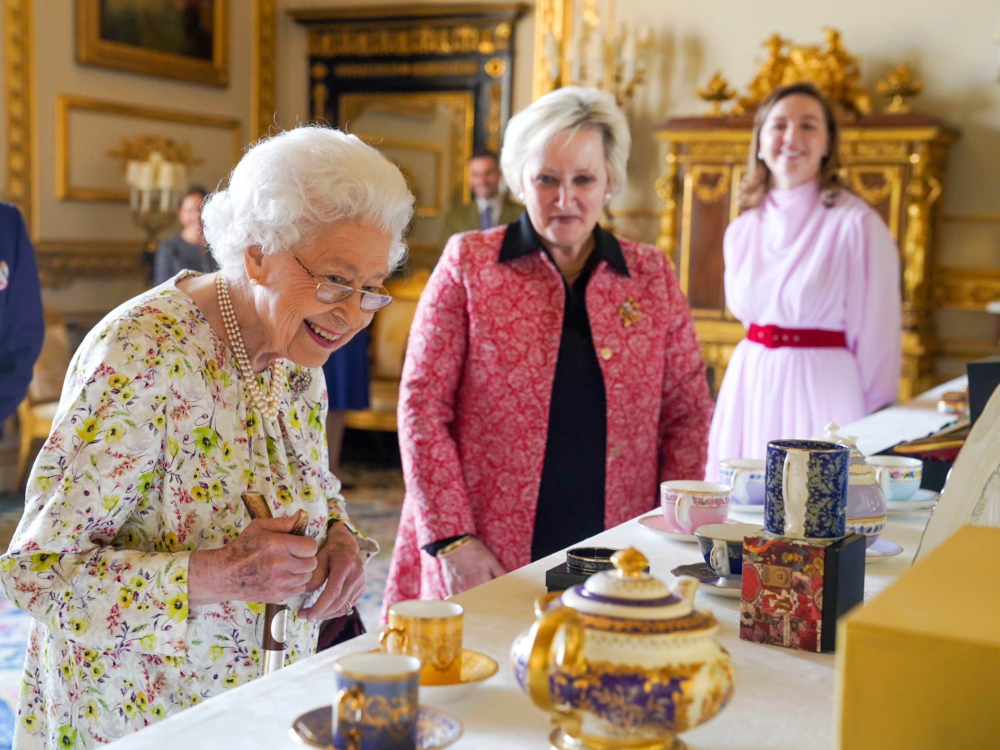 The Queen welcomed guests in Windsor Castle’s White Drawing Room