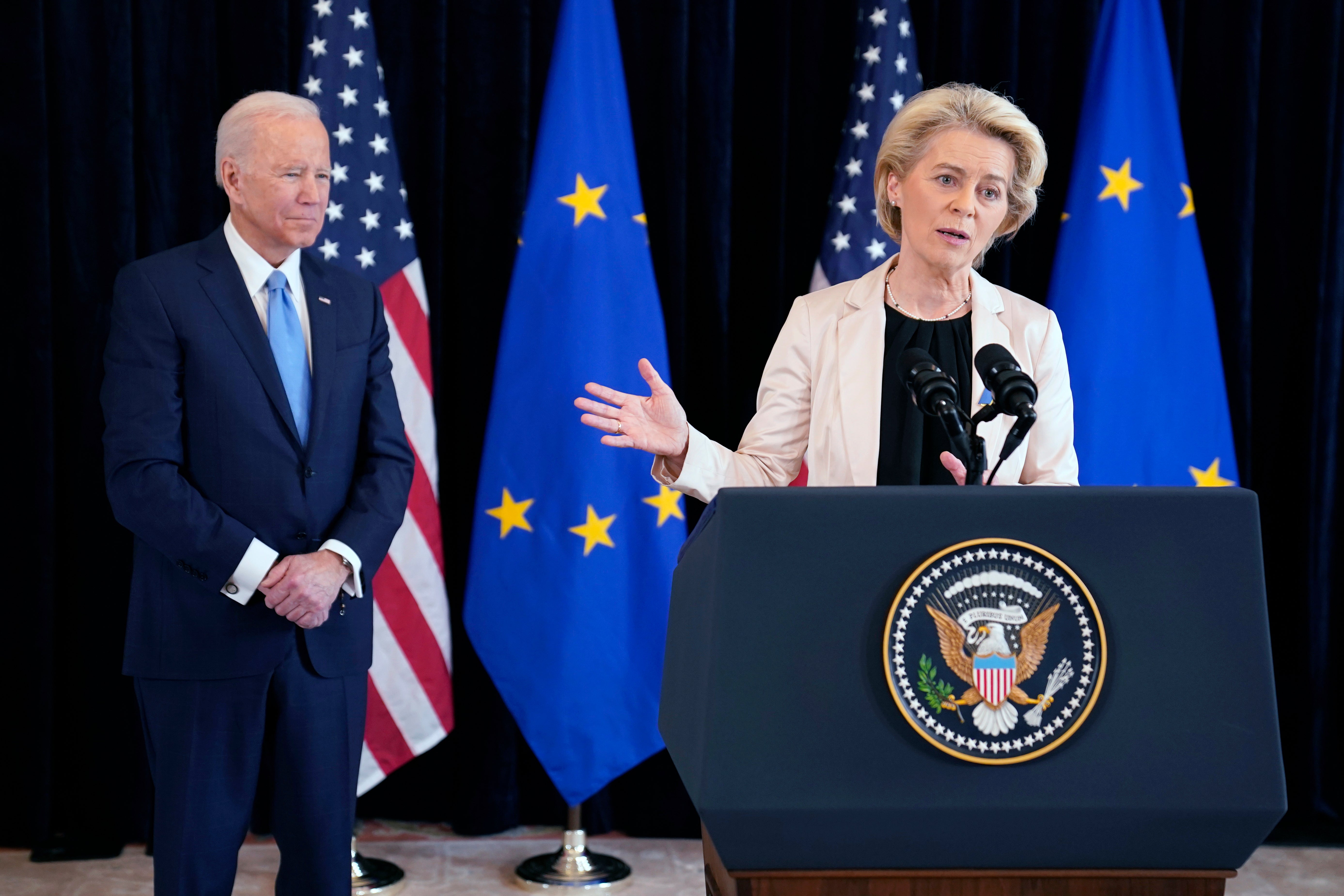 President Joe Biden and European Commission President Ursula von der Leyen talk to the press about the Russian invasion of Ukraine