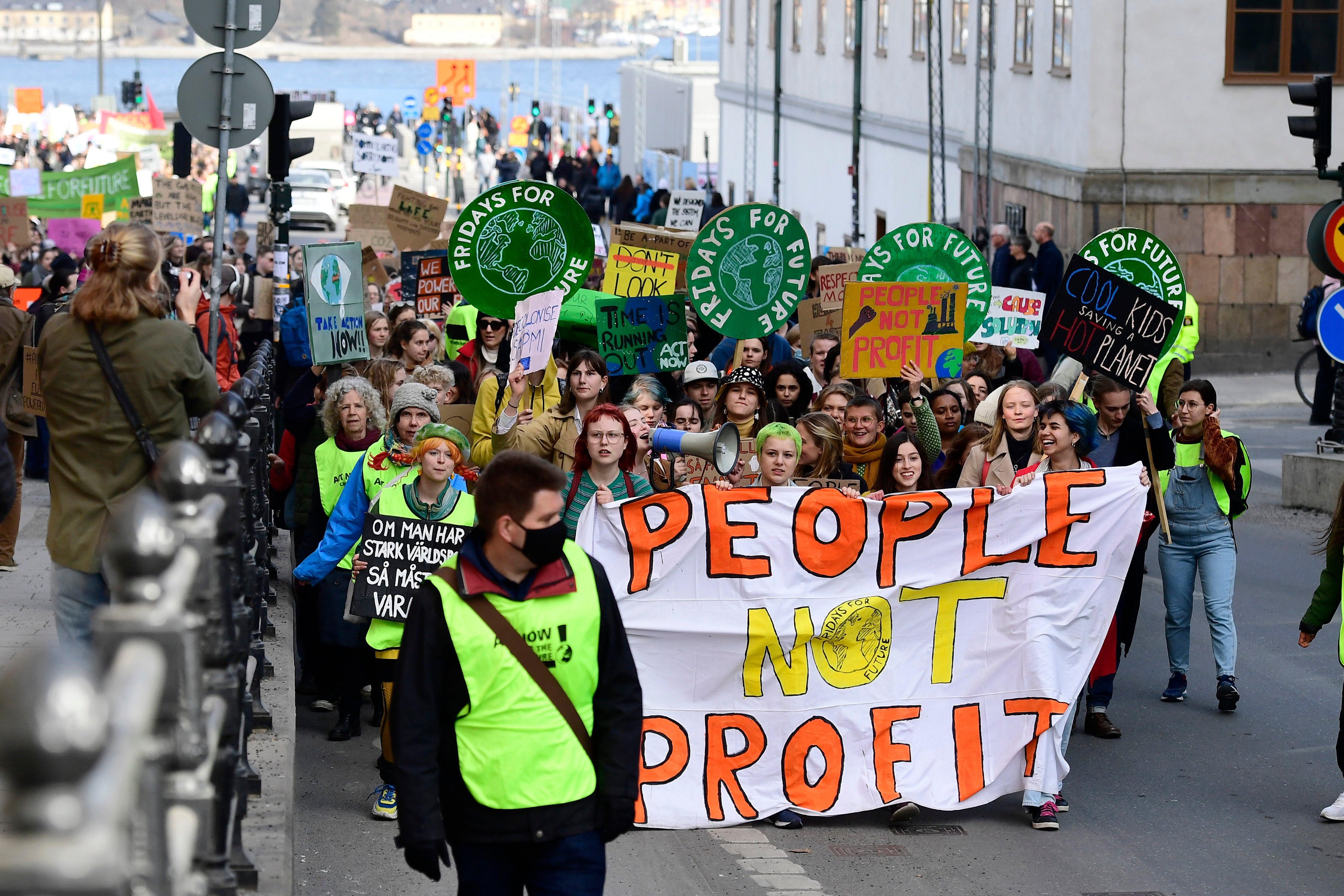 <p>Demonstrators take part in a Fridays For Future school strike for climate and social justice march through Stockholm on Friday, March 25, 2022</p>