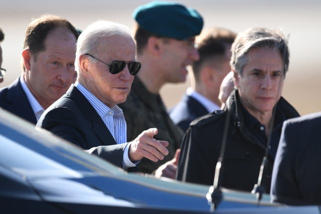 <p>President Joe Biden (C) and US Secretary of State Antony Blinken (R) after arriving at the airport in Jasionka, near Rzeszow, southern Poland, 25 March 2022</p>