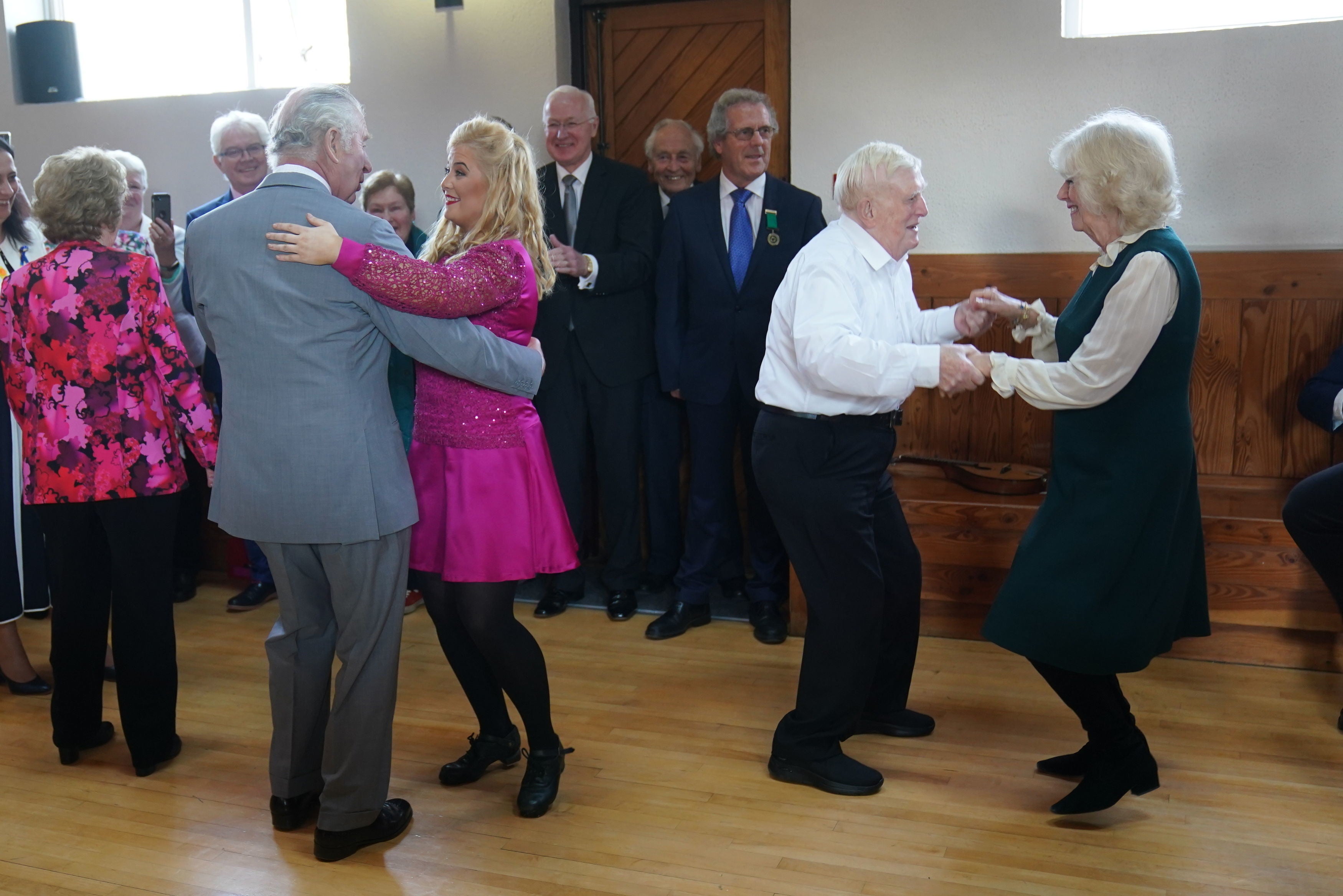 Charles and Camilla dancing at the Bru Boru Cultural Centre in Cashel, Co Tipperary (Brian Lawless/PA)