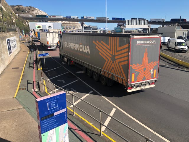 <p>Over from Dover: trucks at the port entrance of the UK’s main link with Continental Europe</p>
