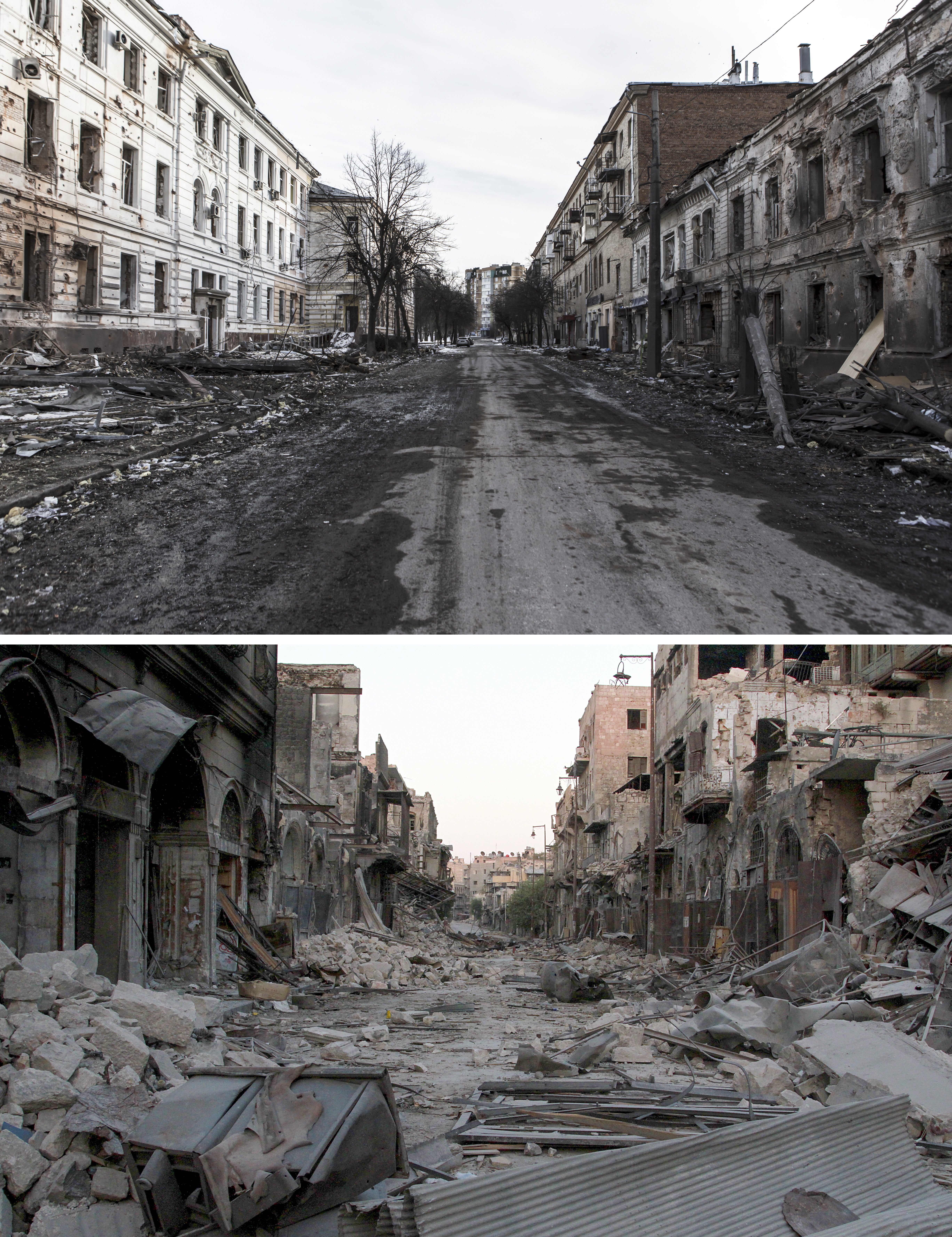 Photos emerging during Russia’s attacks on Ukraine bear similarities with the images taken during the Syrian Civil War. A photo dated on March 12, 2022 (top) shows destruction in the districts of the city that were the subject of the bombings and which are located near the front in Kharkiv, Ukraine and a photo dated on August 10, 2014 shows debris of buildings after barrel bomb attack by helicopters in Aleppo