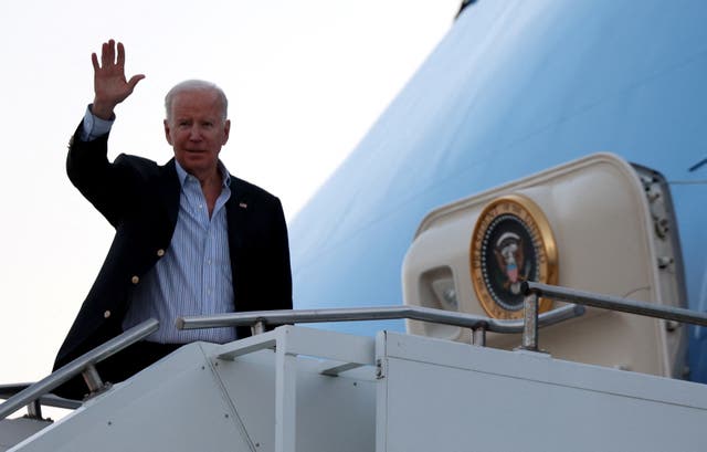 <p>President Joe Biden boards Air Force One to fly to Warsaw, at Rzeszow-Jasionka Airport</p>