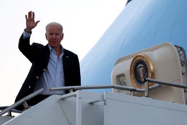 <p>President Joe Biden boards Air Force One to fly to Warsaw, at Rzeszow-Jasionka Airport</p>