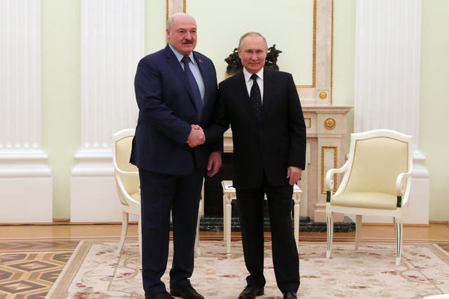 <p>Friends indeed: Belarusian President Alexander Lukashenko and Russian President Vladimir Putin</p>