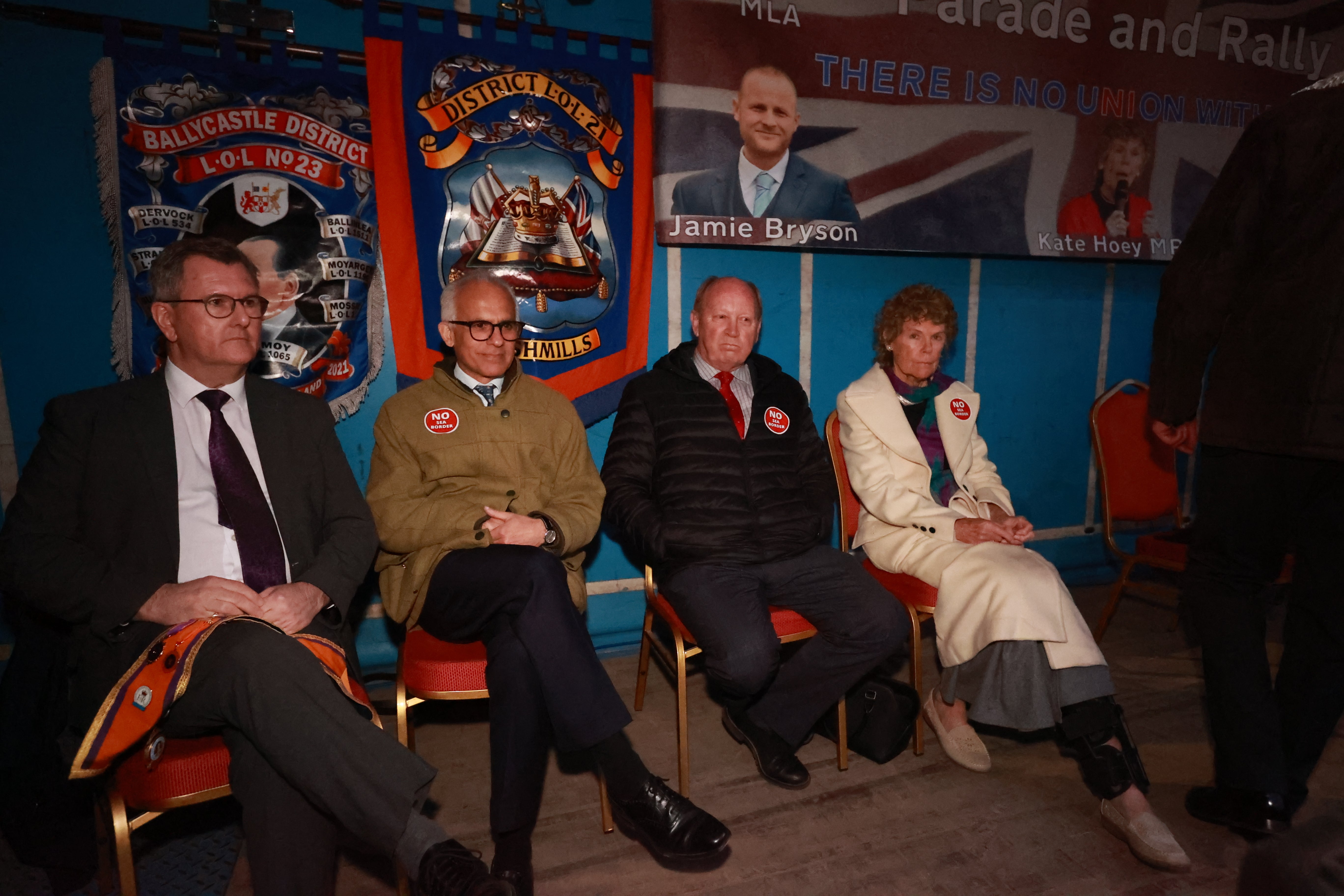 Left to right, Sir Jeffrey Donaldson, Ben Habib, Jim Allister and Kate Hoey during an anti-Northern Ireland Protocol rally and parade, organised by North Antrim Amalgamated Orange Committee, in Ballymoney, Co Antrim (/PA)