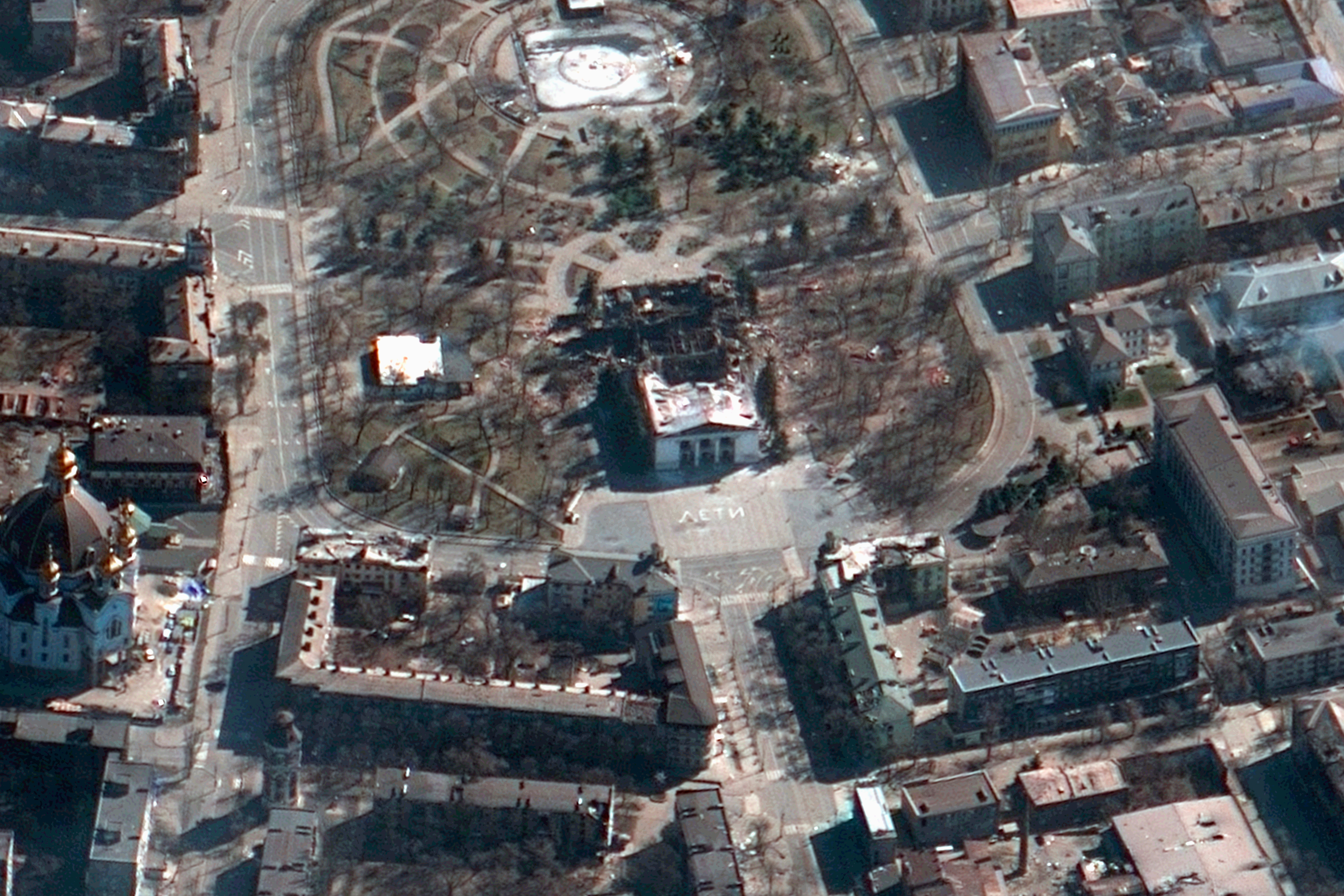Satellite imaging showing the aftermath of the bombing of the Drama Theatre in Mariupol