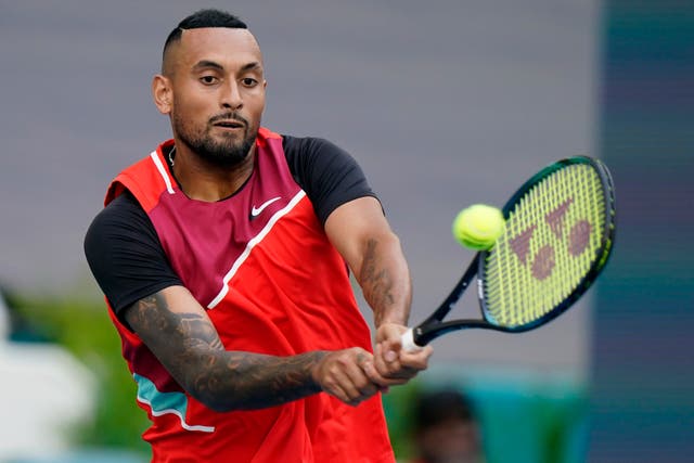 Nick Kyrgios, of Australia, returns a shot from Andrey Rublev, of Russia, during the Miami Open tennis tournament on Friday (Wilfredo Lee/AP)