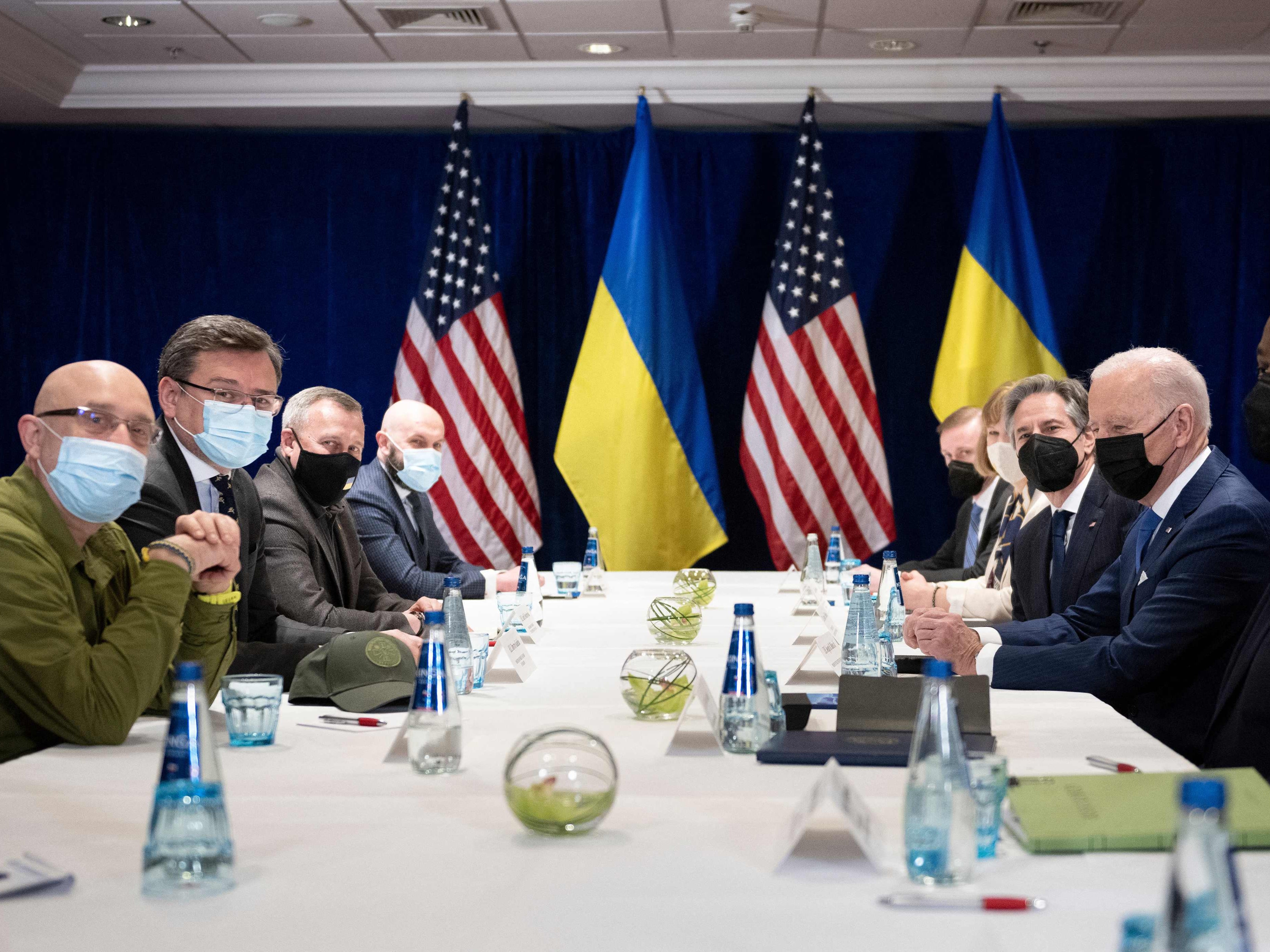 President Biden (right) and US secretary of state Antony Blinken (second right) meet with Ukrainian foreign minister Dmytro Kuleba (second left) and defence minister Oleksii Reznikov (left) in Warsaw