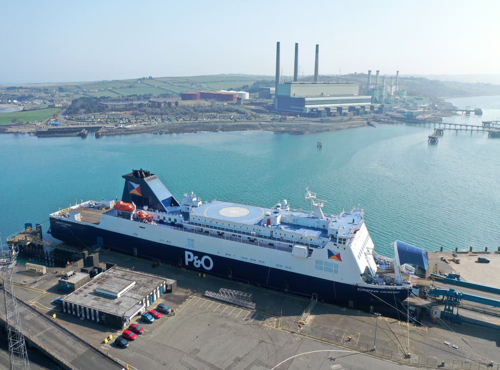 <p>In port: The P&O Ferries ship European Causeway vessel in dock in Larne, Co Antrim, where it has been detained by authorities for being "unfit to sail"</p>