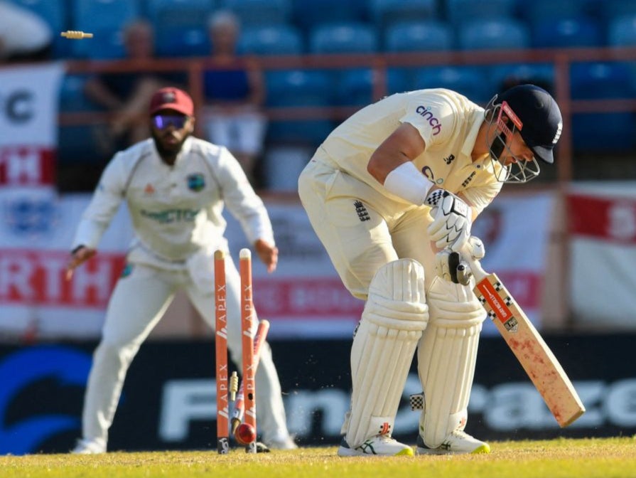 Alex Lees is bowled by Kyle Mayers