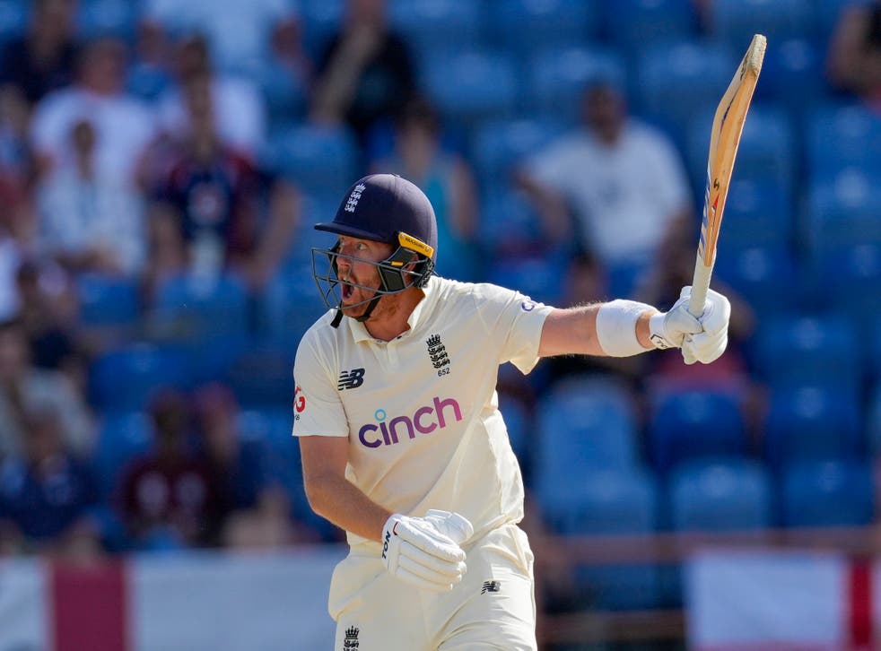 England’s Jonny Bairstow plays a shot against West Indies during day three of their third Test cricket match at the National Cricket Stadium in St. George, Grenada (AP Photo/Ricardo Mazalan)
