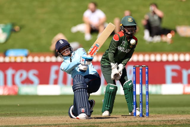 <p>Sophia Dunkley in action against Bangladesh</p>