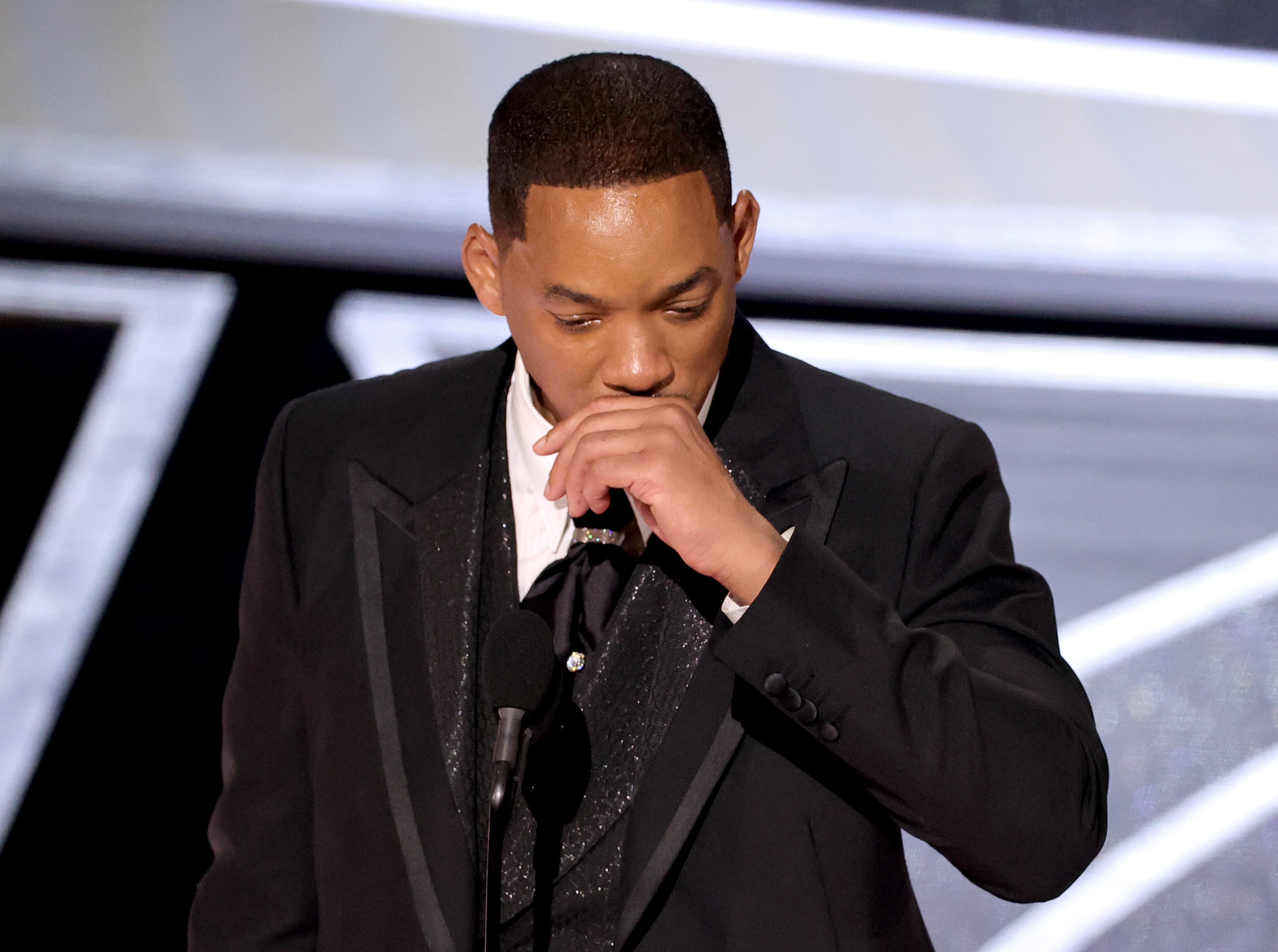 Will Smith accepting his Oscar for Best Actor, shortly after hitting Chris Rock for a joke about his wife, Jada Pinkett Smith
