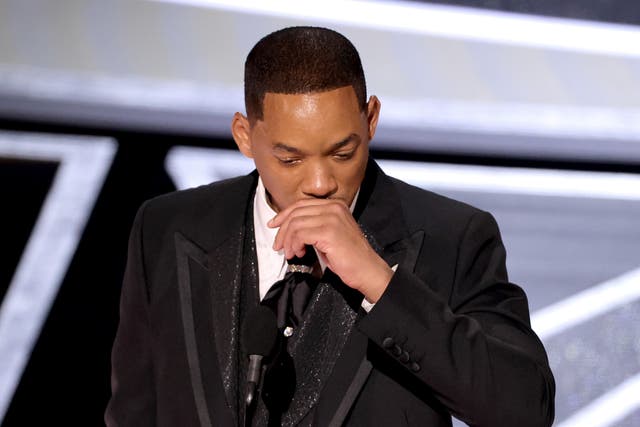 <p>Will Smith accepting his Oscar for Best Actor, shortly after hitting Chris Rock for a joke about his wife, Jada Pinkett Smith</p>