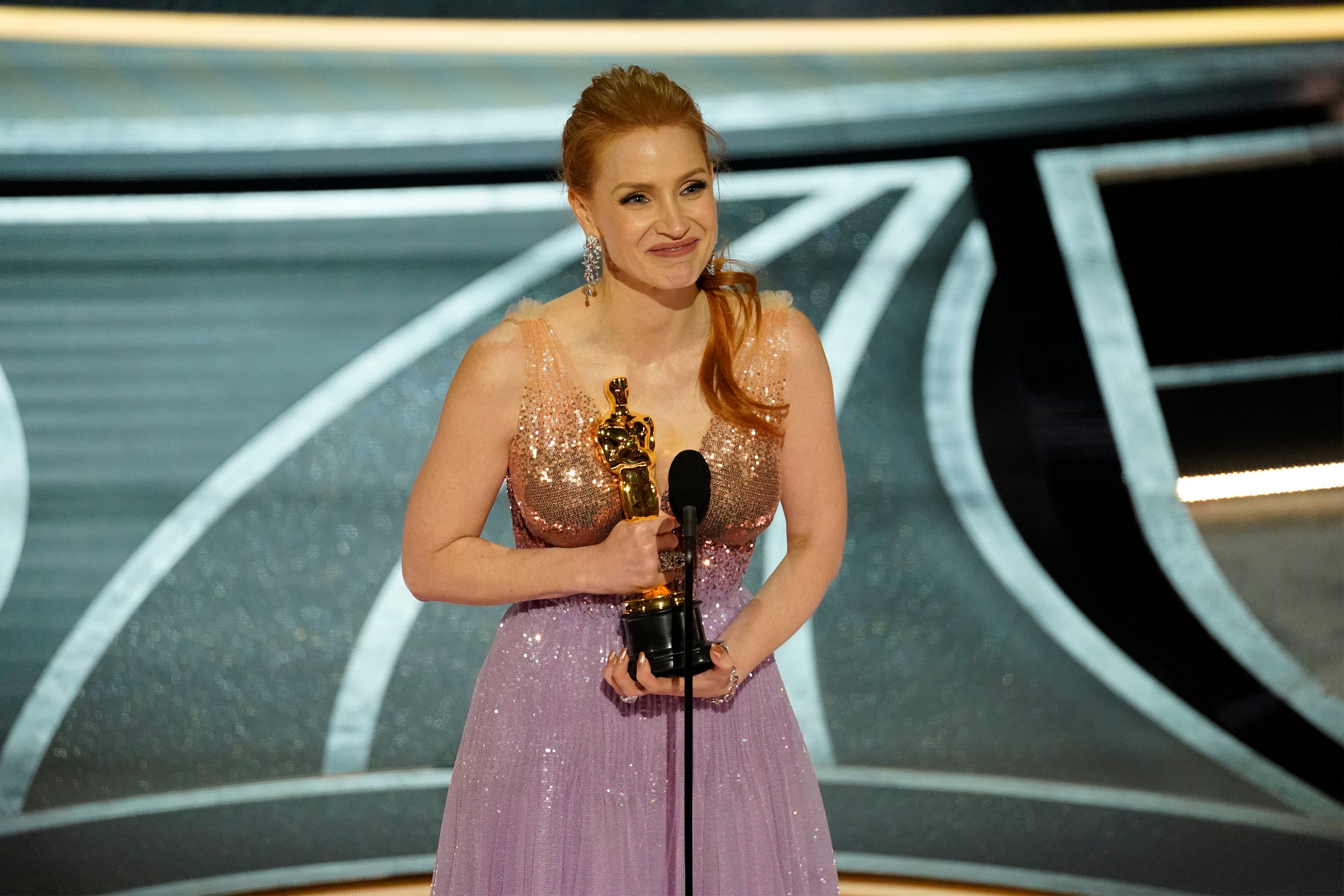 Jessica Chastain, 45, accepted the Best Actress award for portraying controversial tele-evangelist Tammy Faye in Michael Showalter’s ‘The Eyes of Tammy Faye’