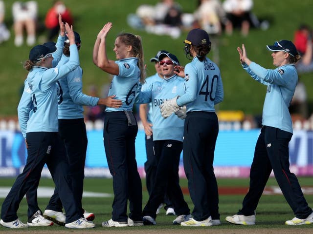 <p>England celebrate during their World Cup match against Bangladesh </p>
