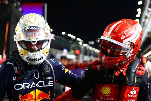 <p>Max Verstappen and Charles Leclerc speak after the Saudi GP</p>