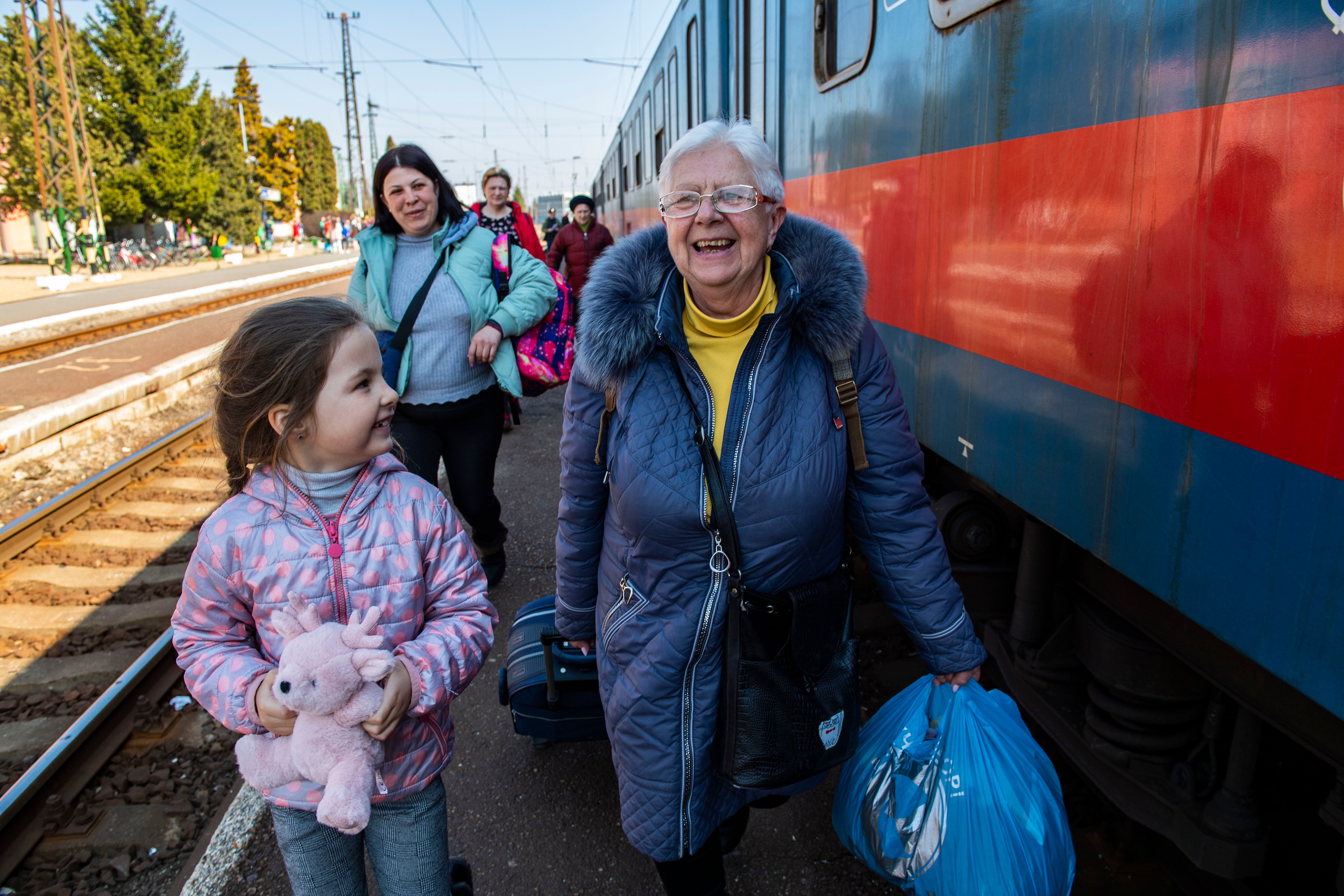 Ukrainian refugees at Záhony train station in Hungary, on the border with Ukraine
