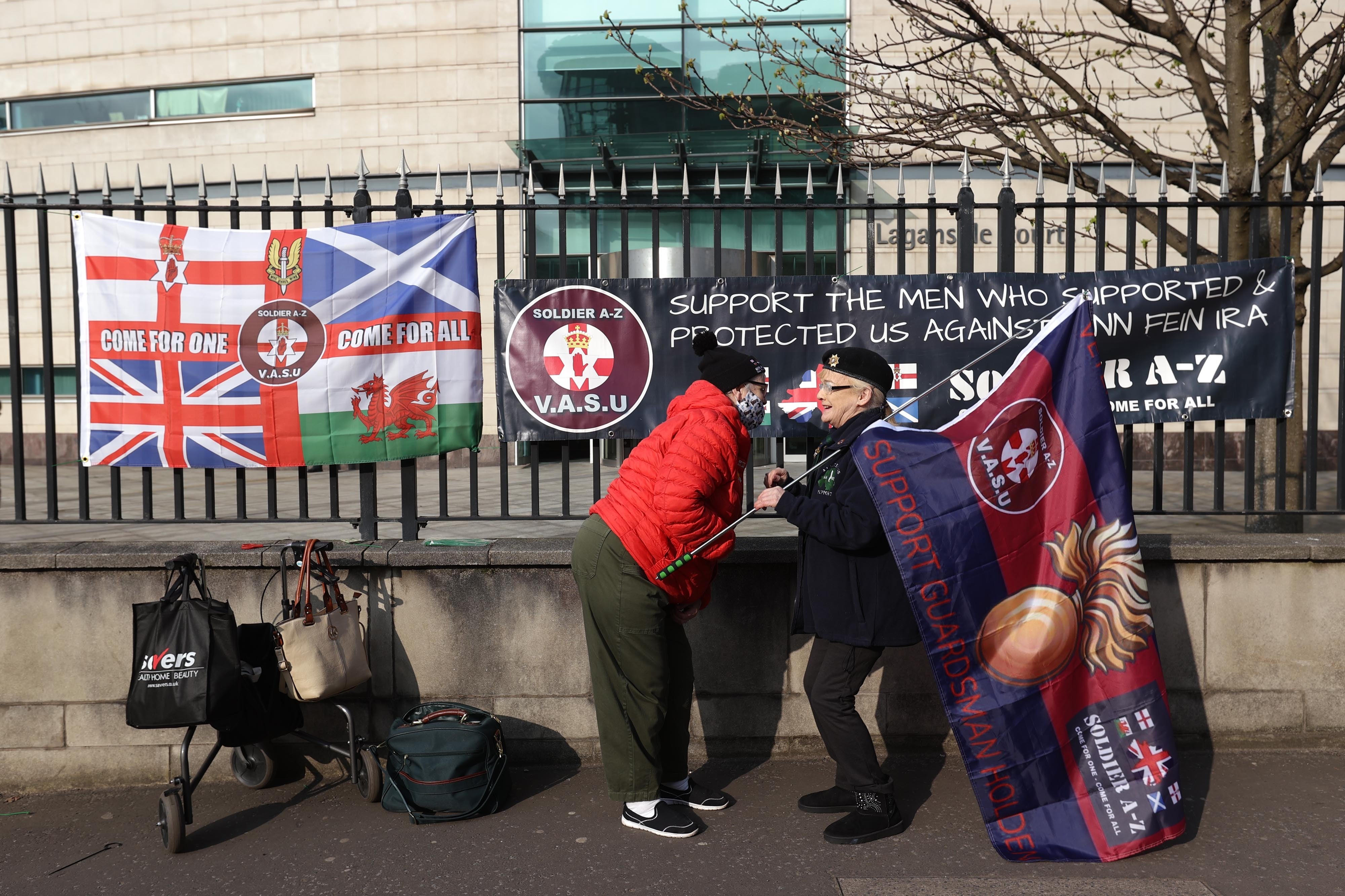Supporters of former Grenadier Guardsman David Holden outside Laganside Courts in Belfast (Liam McBurney/PA)