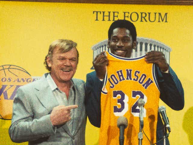 <p> LA Lakers owner Jerry Buss (John C Reilly) with new signing Earvin ‘Magic’ Johnson (Quincy Isaiah) in ‘Winning Time: The Rise of the Lakers Dynasty’ </p>