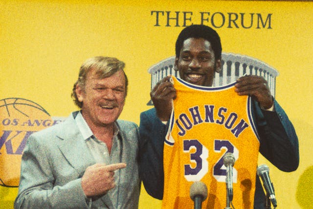 <p> LA Lakers owner Jerry Buss (John C Reilly) with new signing Earvin ‘Magic’ Johnson (Quincy Isaiah) in ‘Winning Time: The Rise of the Lakers Dynasty’ </p>
