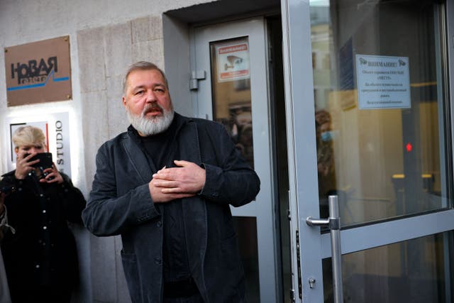 <p>Dmitry Muratov, the editor of Novaya Gazeta, stands outside its offices in Moscow, Russia, on 8 October 2021</p>