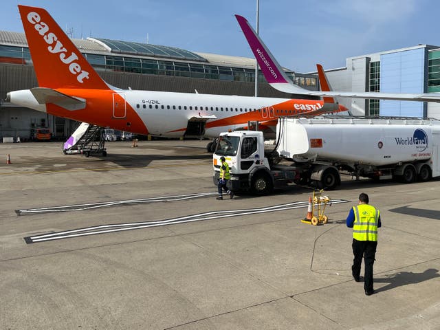 <p>Getting going: easyJet and Wizz Air Airbus A320 jets at Luton airport</p>