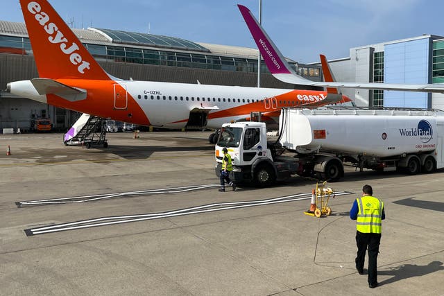 <p>Getting going: easyJet and Wizz Air Airbus A320 jets at Luton airport</p>