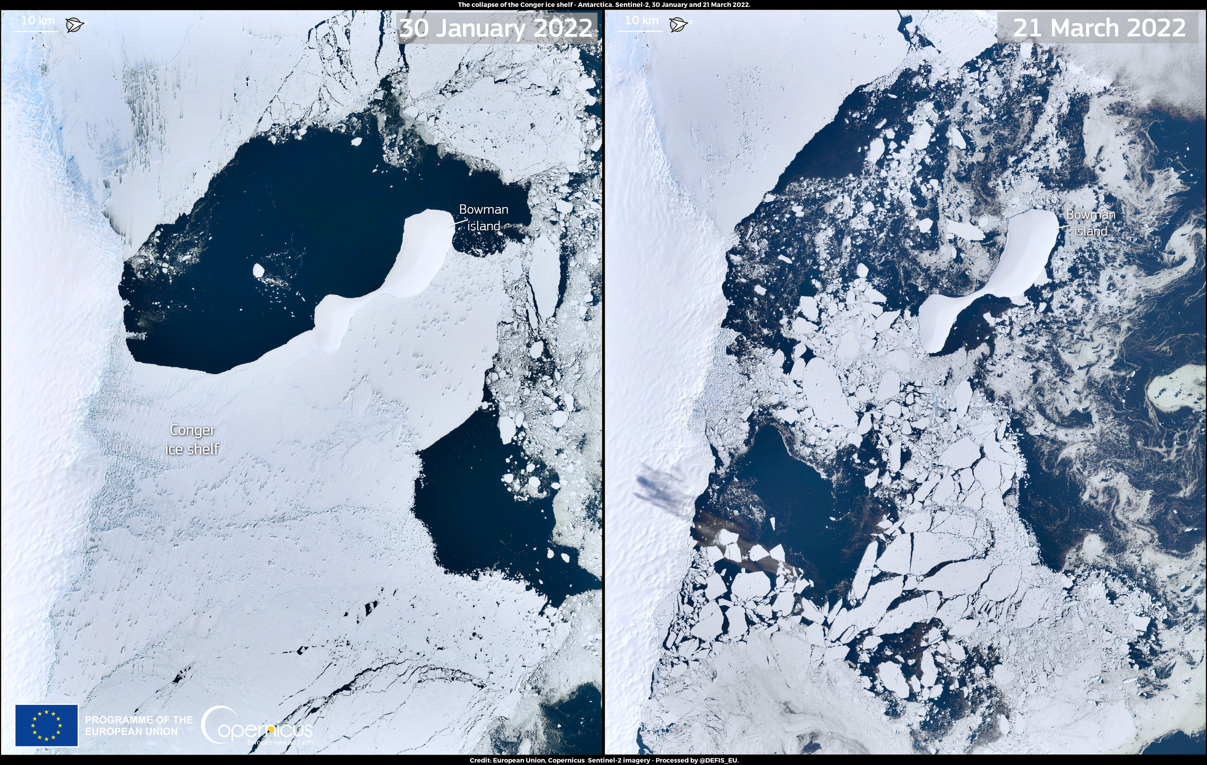 Before and after, the collapse of the Conger ice shelf in the East Antarctic