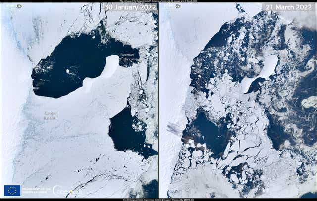 <p>Before and after, the collapse of the Conger ice shelf in the East Antarctic</p>
