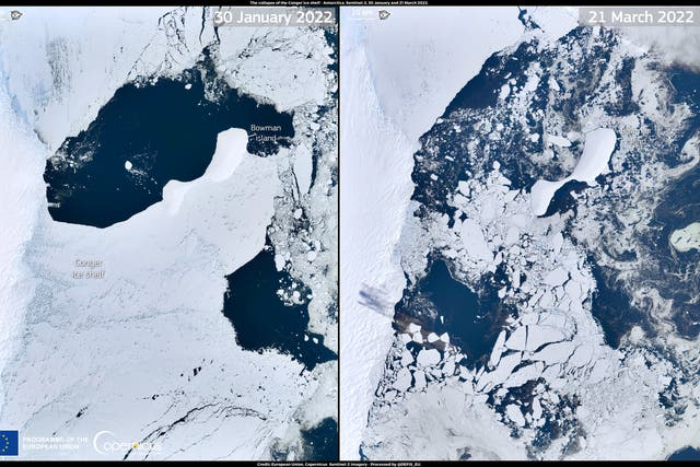 <p>Before and after, the collapse of the Conger ice shelf in the East Antarctic</p>
