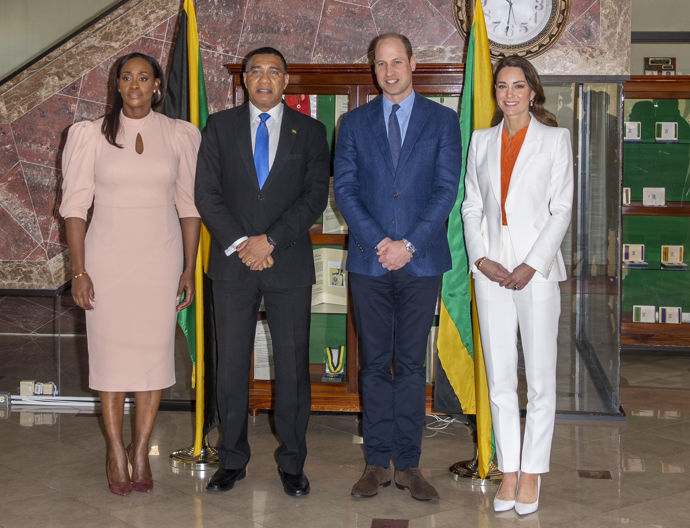 The Duke and Duchess of Cambridge with the Prime Minister of Jamaica, Andrew Holness and his wife Juliet (Jane Barlow/PA)