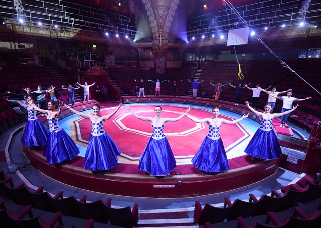 Performers including dancers from Ukraine rehearse the finale as Blackpool Tower Circus prepares to reopen following £1 Million renovation
