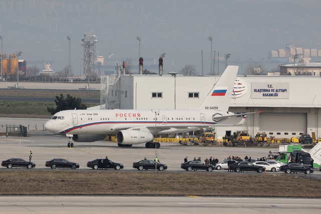 <p>A Russian government Special Flight Squadron carrying members of the Russian delegation lands at Ataturk Airport, ahead of the expected peace talks with Ukrainian officials, in Istanbul, Turkey</p>