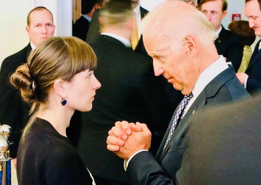Oleksandra Matviichuk (l) says she asked for Joe Biden’s help when he visited Ukraine in April 2014