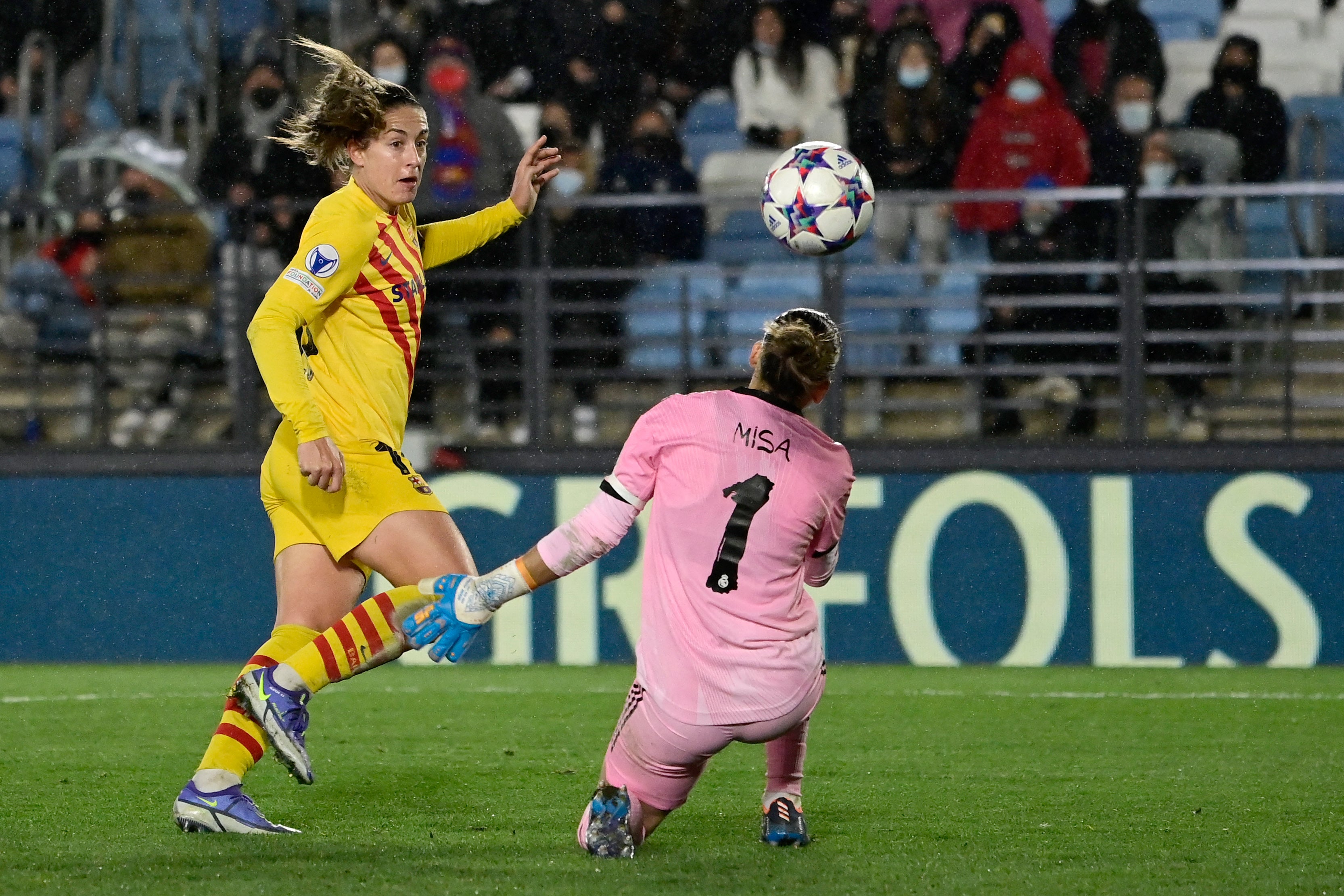 Alexia Putellas scores the third goal against Real Madrid, who Barcelona host at the Nou Camp in the second leg tonight