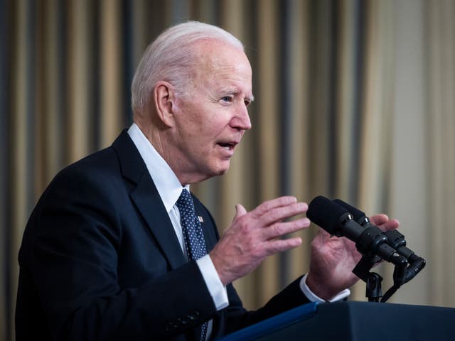 <p>Joe Biden speaks in the White House’s State Dining Room on 28 March 2022</p>