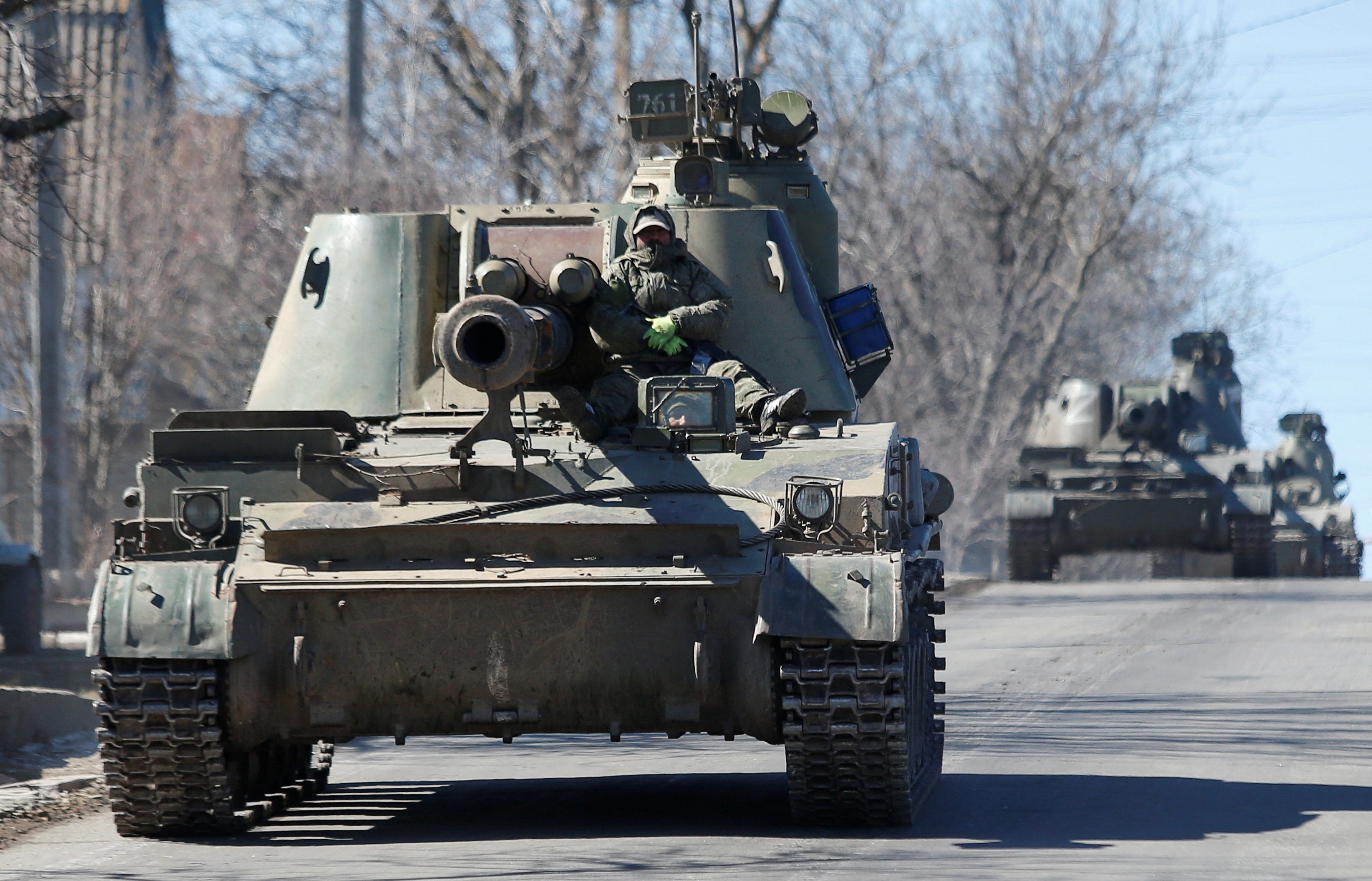 Pro-Russian troops are pictured in Dokuchaievsk in Ukraine’s Donetsk region on 28 March 2022