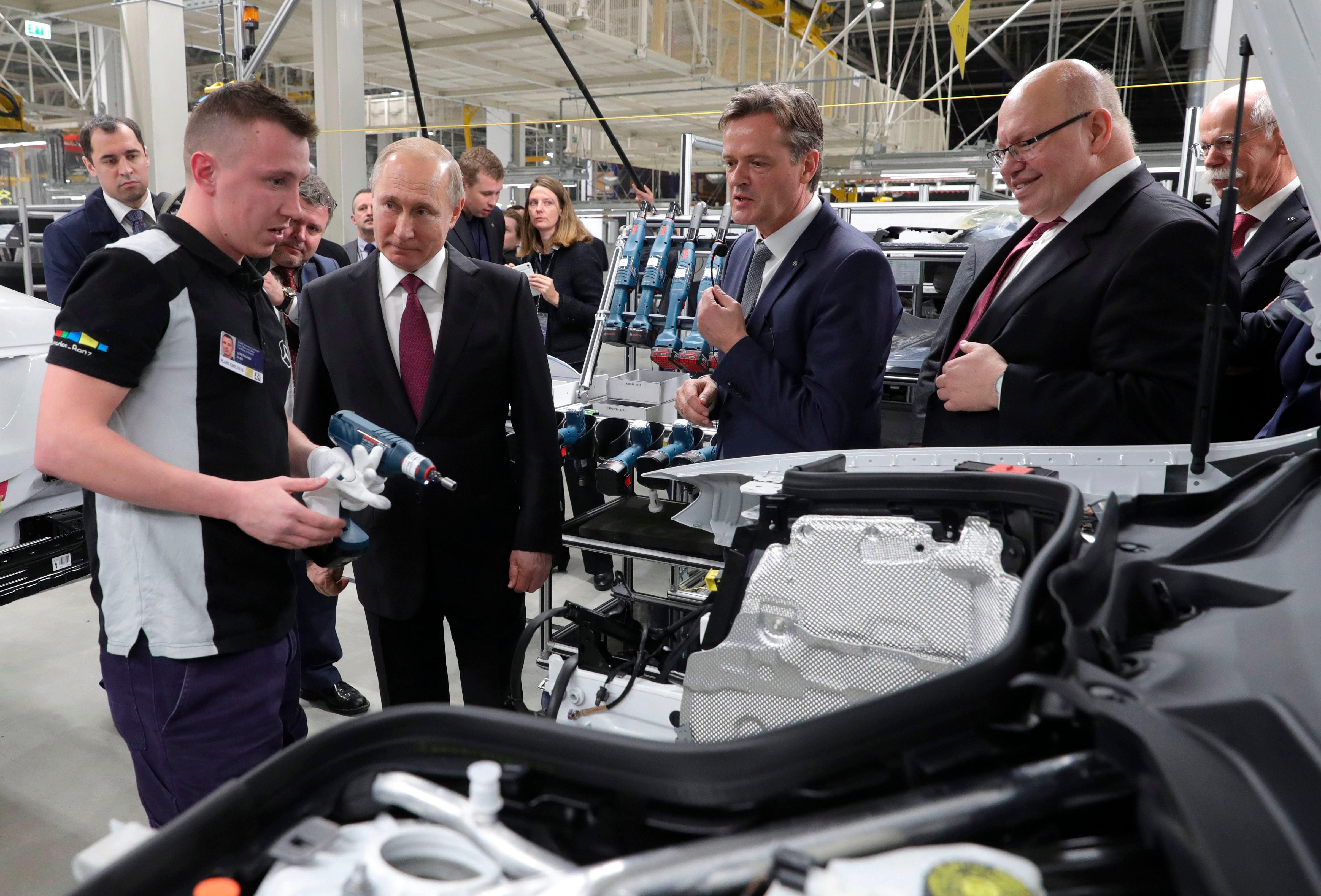 Russian president Vladimir Putin during the opening of a Mercedes-Benz Cars factory with German economy minister Peter Altmaier in 2019