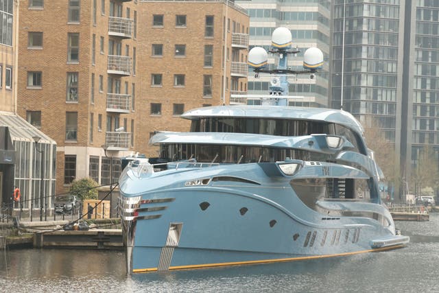 <p>The superyacht Phi owned by a Russian businessman in Canary Wharf, east London </p>
