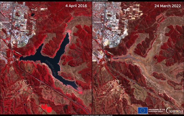 <p>Lake Penuelas in Chile, which provided drinking water for 2million people, has dried up in the span of six years</p>
