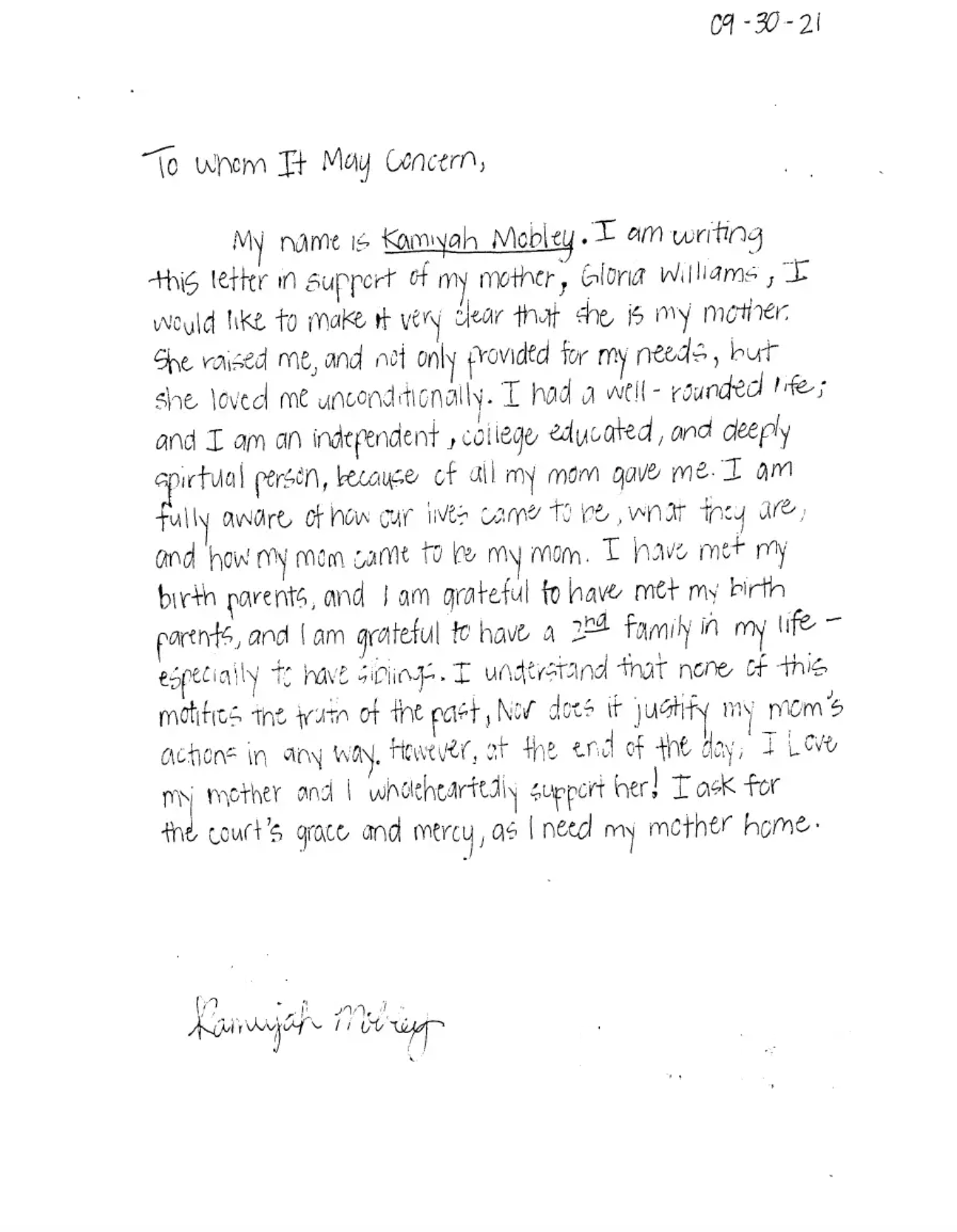 Kamiyah Mobley pleads for her kidnapper, Gloria Williams’ early release in a handwritten letter to the court