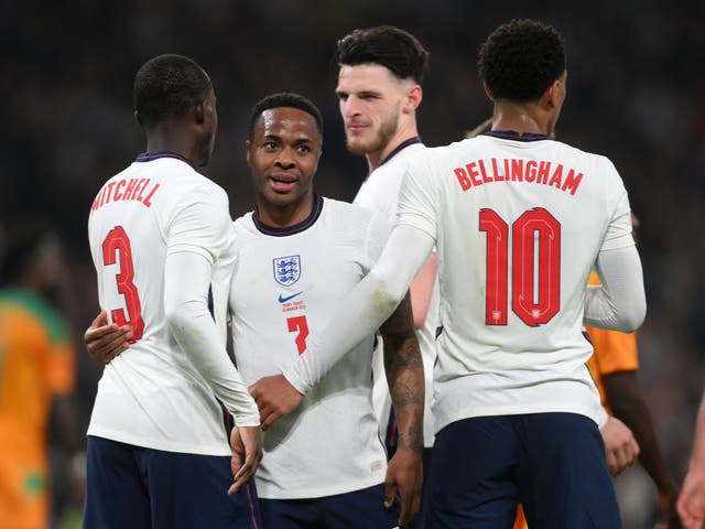 <p>Raheem Sterling celebrates scoring England’s second</p>