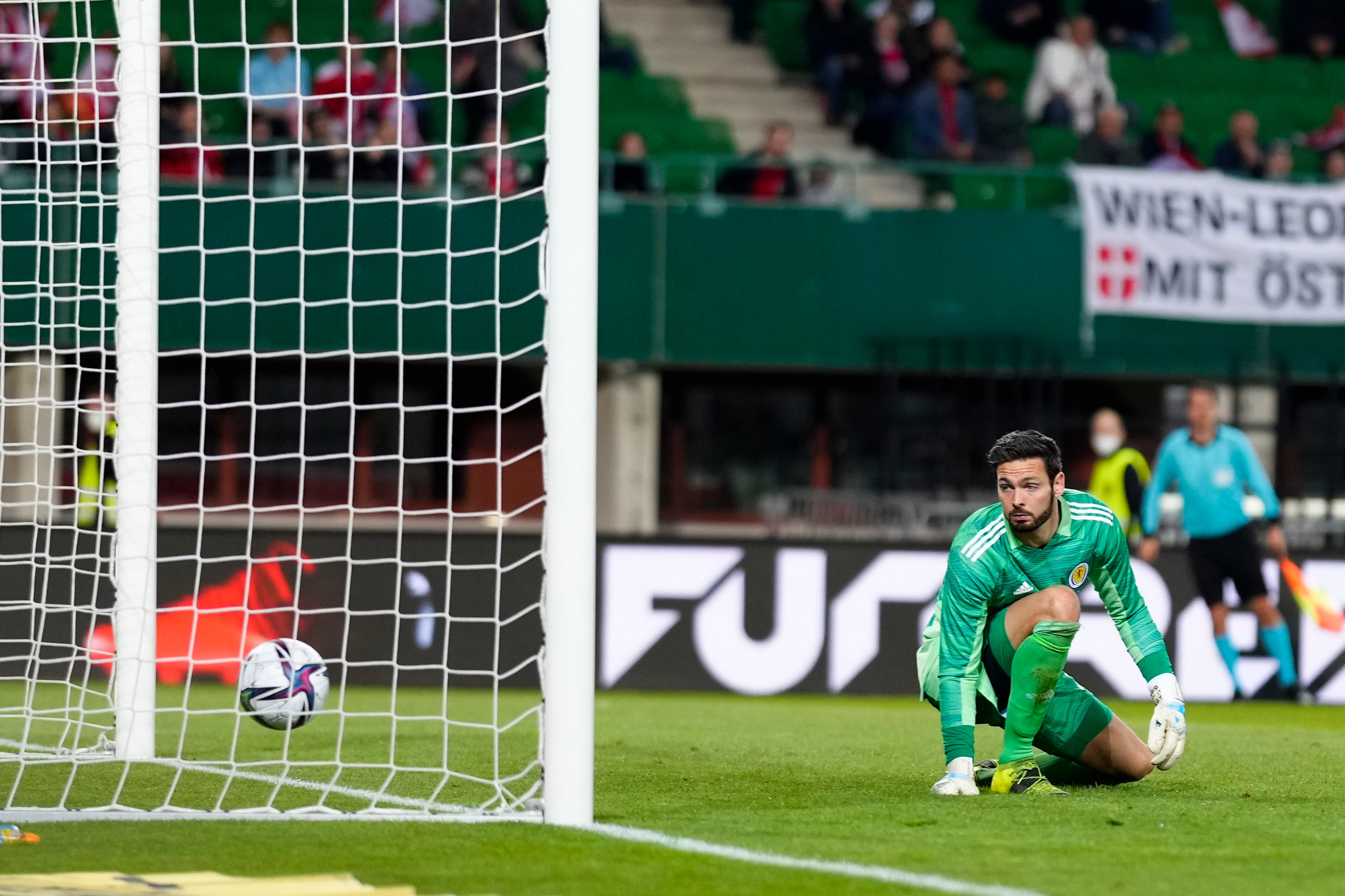 Scotland’s goalkeeper Craig Gordon looks on as Austria’s Alessandro Schoepf equalises (Florian Schroetter/AP)