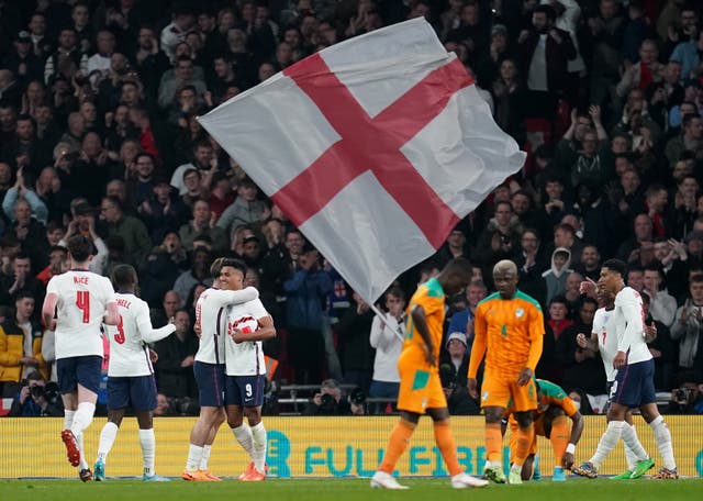 Ollie Watkins (fourth left) netted England’s opener (Nick Potts/PA)
