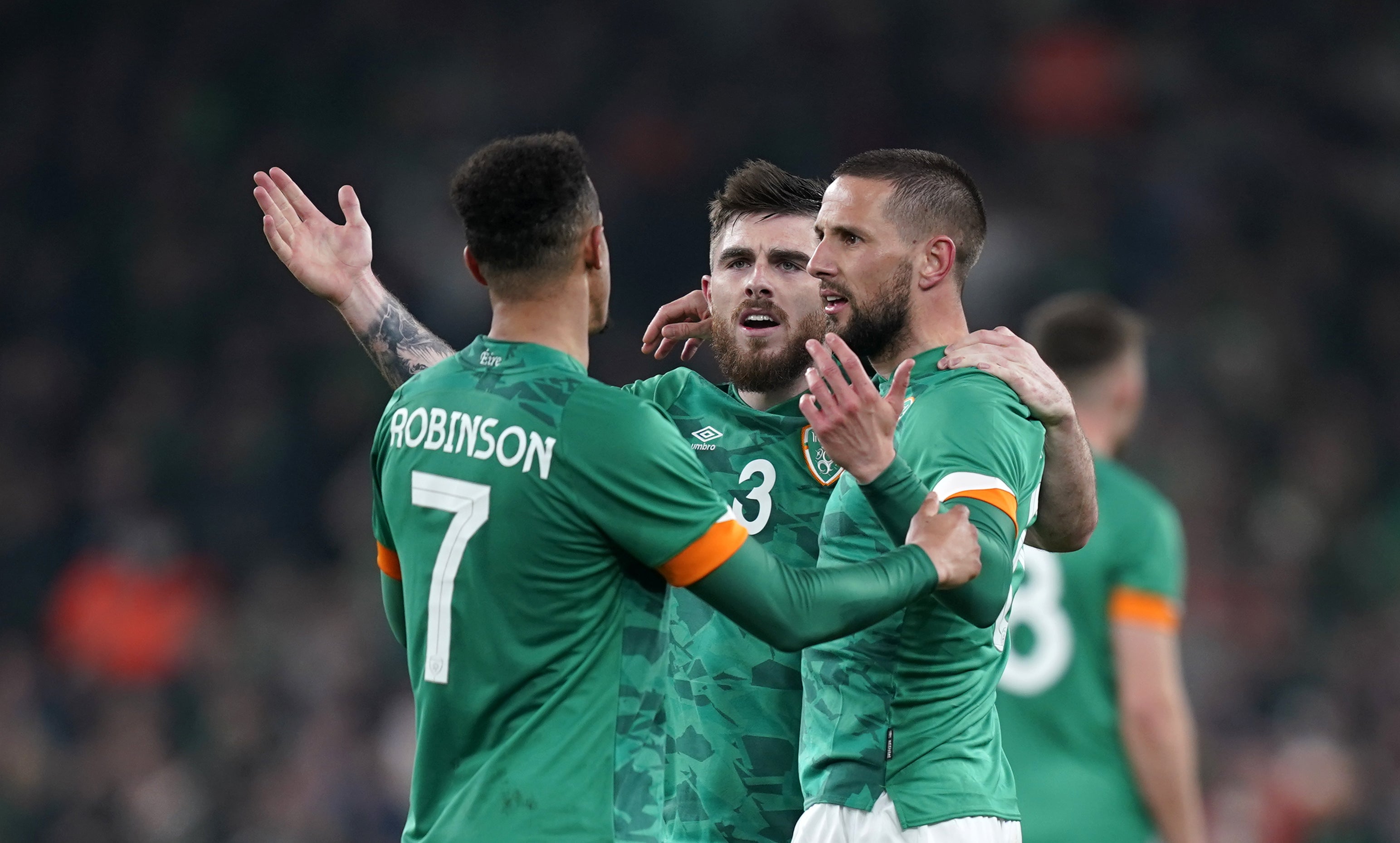 Republic of Ireland players react to a disallowed goal (Niall Carson/PA)